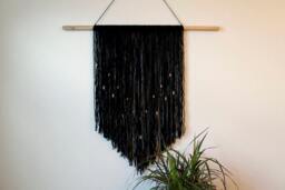 Black Wool Macrame Wall Hanging - Copper Accents, Wood Dowel