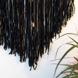Black Wool Macrame Wall Hanging - Copper Accents, Wood Dowel - thumbnail 2