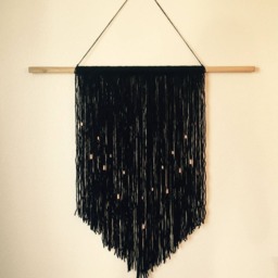 Black Wool Macrame Wall Hanging - Copper Accents, Wood Dowel - thumbnail 3