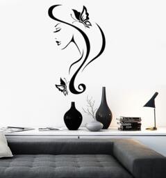 Wall Vinyl Decal Butterflies in Woman's Hair Beautiful Face Cool Abstract Modern Home Decor - #1100Dz - thumbnail 1