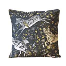 Clarke & Clarke, Jungle Animals Charcoal Gold Velvet Cushion Cover, Throw Pillow Home Decor