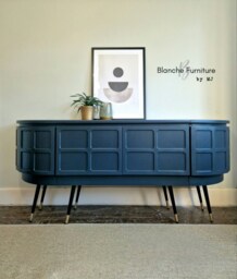 Long Curved Nathan Sideboard in Railings Grey With Black & Gold Tapered Legs