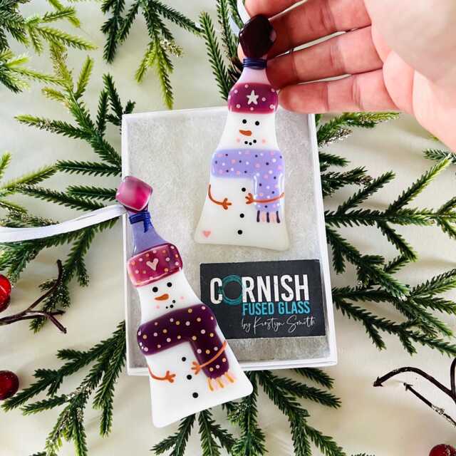 Festive Snowman Fused Glass Christmas Ornaments Box Set Of Two, Fused Glass Cornwall, Cornish - image 1