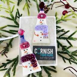 Festive Snowman Fused Glass Christmas Ornaments Box Set Of Two, Fused Glass Cornwall, Cornish - thumbnail 2
