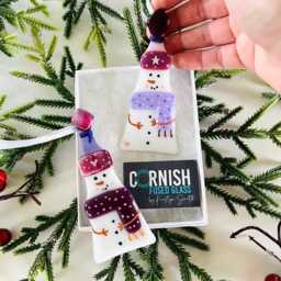 Festive Snowman Fused Glass Christmas Ornaments Box Set Of Two, Fused Glass Cornwall, Cornish