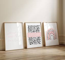 Rainbow Prints, Dalmatian Print Nursery Blush Pink, Girls Wall Decor, Art, Set Of 3 Prints, Kids Prints - thumbnail 1