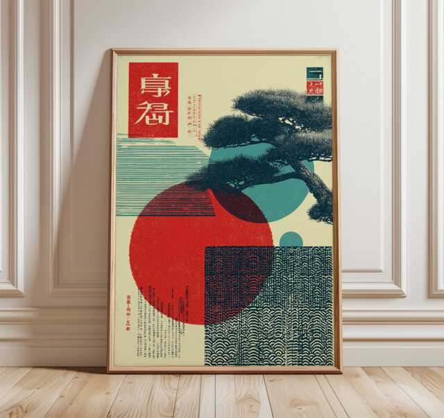 Japanese Pine Tree Art Print, Red Circle Graphic Poster, Vintage Ukiyo-E Style Wall Decor - image 1