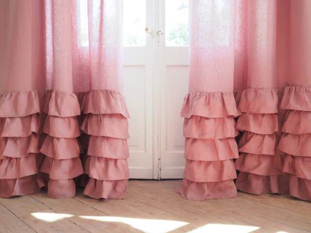 Dusty Pink Linen Ruffled Curtain Panel Made Of Medium - 160 G/M2. For Living Room Or Children's Room - image 1