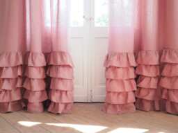 Dusty Pink Linen Curtain Panel With Ruffles, Stonewashed