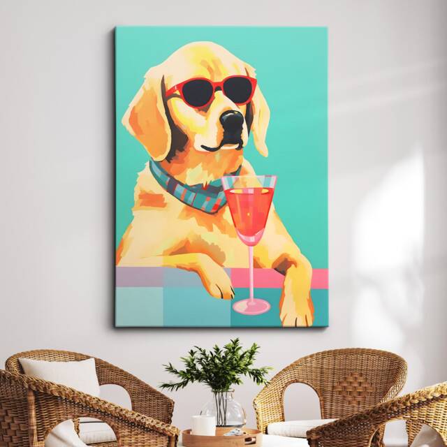 Vibrant Golden Retriever Drinking Glasses Painting Framed Poster Print & Canvas Wall Decor Art Bedroom Home Interior Dog Lover Gift - image 1
