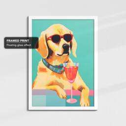 Vibrant Golden Retriever Drinking Glasses Painting Framed Poster Print & Canvas Wall Decor Art Bedroom Home Interior Dog Lover Gift - thumbnail 3
