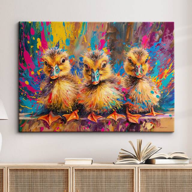Colorful Ducklings Abstract Oil Animal Duck Painting Splatter Style Wall Art Framed Canvas Poster Print, Home/Office Room Decor Gifts - image 1
