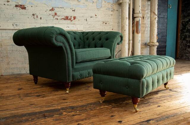 British Handmade Emerald Green Herringbone Wool Chesterfield Snuggle Armchair With Footstool - image 1