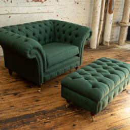 British Handmade Emerald Green Herringbone Wool Chesterfield Snuggle Armchair With Footstool - thumbnail 3