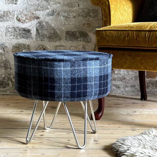 Harris Tweed Denim Macleod Footstool With Steel Hairpin Legs - image 1