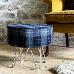 Harris Tweed Denim Macleod Footstool With Steel Hairpin Legs