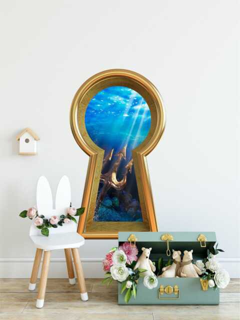 3D Keyhole Fabric Wall Decal - King Neptune's Trident Fantasy 3D Hole Sticker Removable & Repositionable - image 1