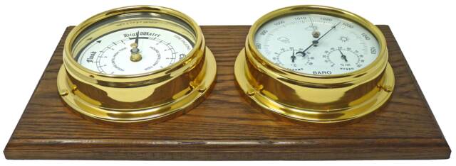 Tabic Brass Tide Clock & Barometer With Built in Hygrometer & Thermometer, Mounted On A Double Solid English Oak Mount - image 1