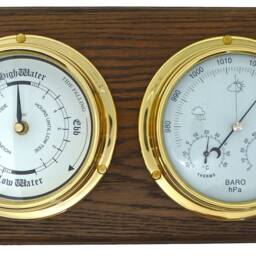 Tabic Brass Tide Clock & Barometer With Built in Hygrometer & Thermometer, Mounted On A Double Solid English Oak Mount - thumbnail 2