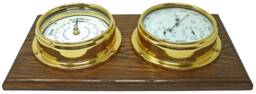 Tabic Brass Tide Clock & Barometer With Built in Hygrometer & Thermometer, Mounted On A Double Solid English Oak Mount - thumbnail 1