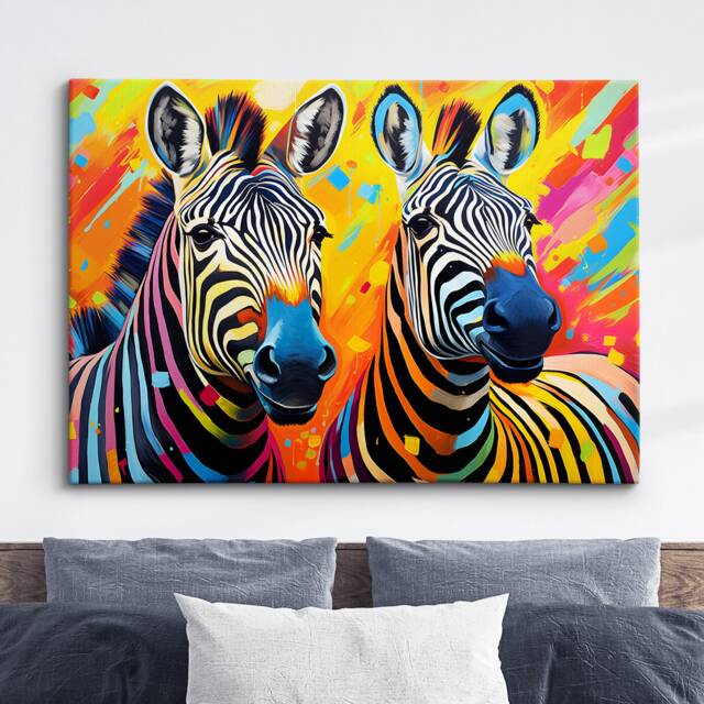 Pair Of Zebras Animal Abstract Oil Painting Colourful Paint Splatter Style Wall Art Framed Canvas Poster Print, Home/Office Room Decor Gifts - image 1