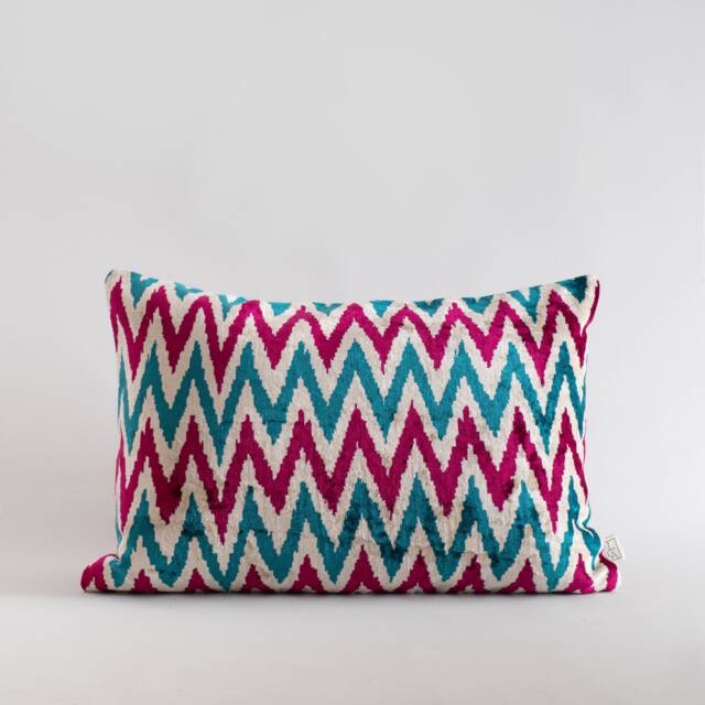 Silk Velvet Ikat Pillow Cover - Blue Fuchsia Covers - image 1
