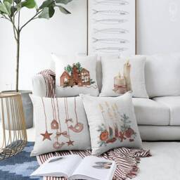 Christmas Cushion Cover With Xmas Candle & Wooden Decoration Stuff 4 Options - Double Sided Printing On The Chenille Multi-Sizes