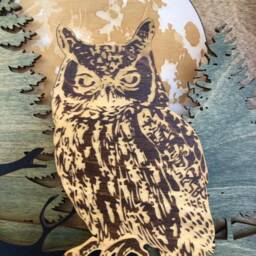 Moonlit Spectator Owl Art Layered Wood Wall Decor Forest Moon Scene Handmade Nature Gift - thumbnail 2