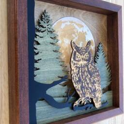 Moonlit Spectator Owl Art Layered Wood Wall Decor Forest Moon Scene Handmade Nature Gift - thumbnail 3