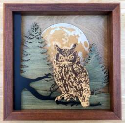 Moonlit Spectator Owl Art Layered Wood Wall Decor Forest Moon Scene Handmade Nature Gift - thumbnail 1