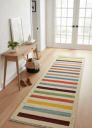 Hand-Woven Wool Kilim Runner Rug Modern Multicolor Striped Flatweave - 80x210cm Minimalist Kids Boho Decor, Colorful Kilim Rug