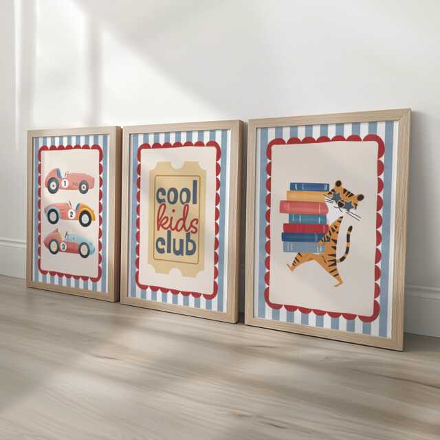 Set Of 3 Retro Cars Striped Nursery Wall Art Prints - Red & Blue With Optional Frames Cool Kids Club Quote - image 1