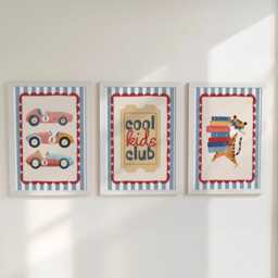 Set Of 3 Retro Cars Striped Nursery Wall Art Prints - Red & Blue With Optional Frames Cool Kids Club Quote - thumbnail 2