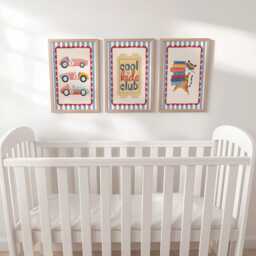Set Of 3 Retro Cars Striped Nursery Wall Art Prints - Red & Blue With Optional Frames Cool Kids Club Quote - thumbnail 3