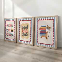 Set Of 3 Retro Cars Striped Nursery Wall Art Prints - Red & Blue With Optional Frames Cool Kids Club Quote - thumbnail 1