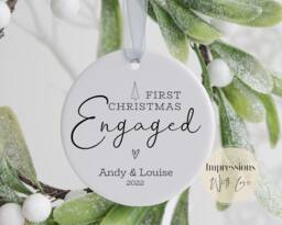First Christmas Engaged, Personalised Ceramic Ornament, Engagement Gift, Tree Bauble, Keepsake Decoration