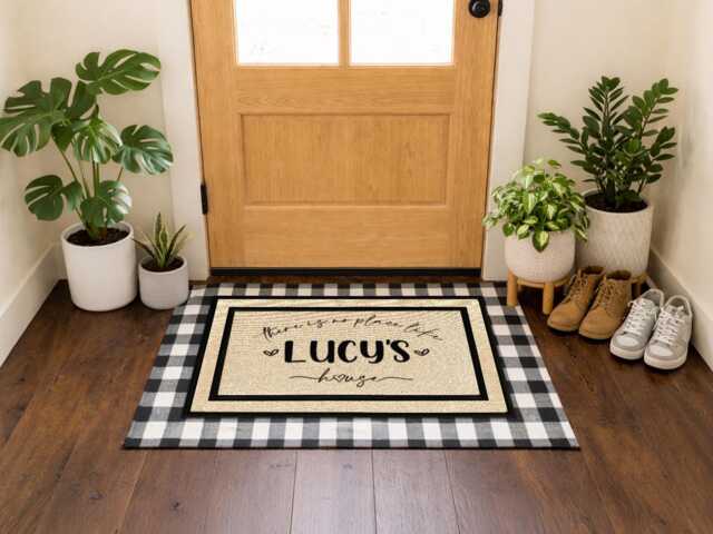 Custom Name Doormat, Personalized Welcome Mat, Lucy's House Decor, All Weather Outdoor Rug, Buffalo Plaid Layering Set, Housewarming Gift - image 1