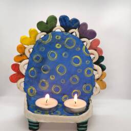 Colorful Ceramic Shabbat Tealight Holder Handmade Candle Centerpiece - thumbnail 4