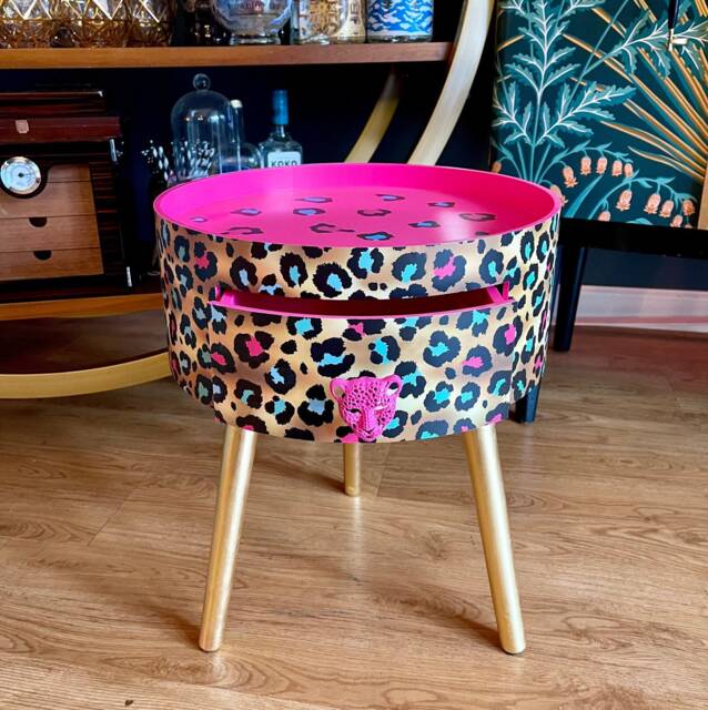 Hot Pink Magenta Leopard Spot Round Bedside Table . Fun Bright Home Decor Ideal For Nightstand Or Side Table. Cheetah Print Gold Design - image 1