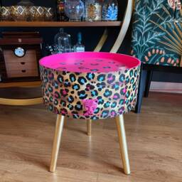Hot Pink Magenta Leopard Spot Round Bedside Table . Fun Bright Home Decor Ideal For Nightstand Or Side Table. Cheetah Print Gold Design - thumbnail 4