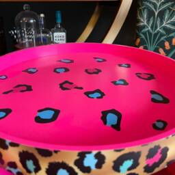 Hot Pink Magenta Leopard Spot Round Bedside Table . Fun Bright Home Decor Ideal For Nightstand Or Side Table. Cheetah Print Gold Design - thumbnail 2