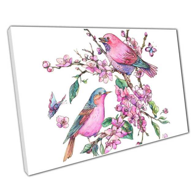 Enchanting Pink Birds On Cherry Blossom Canvas Nature-Inspired Wall Art For Home & Office Decor - image 1