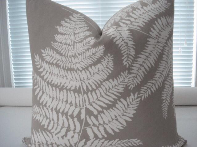 Both Sides-Decorative Pillow Cover - Designer Fabric-Ferns Design- -Neutral Lumbar Pillow-Accent -Cotton Cream-Taupe - image 1