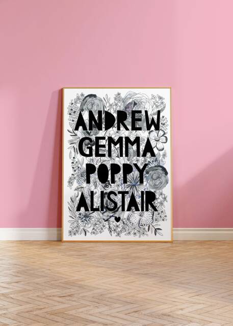 Personalised Family Black & White Print, Monochrome Print, Floral Personalized Family Custom Print - image 1
