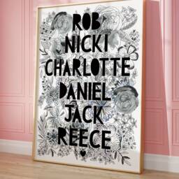 Personalised Family Black & White Print, Monochrome Print, Floral Personalized Family Custom Print - thumbnail 2