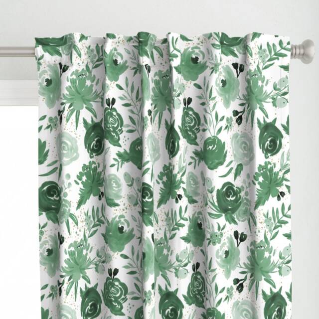 Floral Curtain Panel - Green Garden Watercolor Flowers Monochrome Custom Emerald Forest Gold By Sweeterthanhoney - image 1
