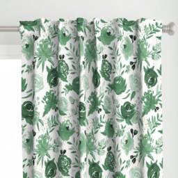 Floral Curtain Panel - Green Garden Watercolor Flowers Monochrome Custom Emerald Forest Gold By Sweeterthanhoney