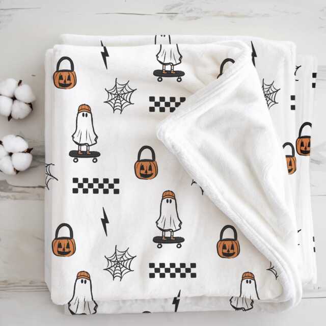 Ghost - Skateboard, Sherpa Fleece Blanket, Decor, Kids Bedding, Blankets, Children's, Halloween Skateboard Checkered, Blanket - image 1