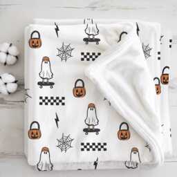 Ghost - Skateboard, Sherpa Fleece Blanket, Decor, Kids Bedding, Blankets, Children's, Halloween Skateboard Checkered, Blanket - thumbnail 1