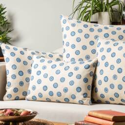 Flower Block Print Linen Blend Boudoir Cushion in Cornflower Blue. Woodblock Floral Design Blue & White. 17x12 - thumbnail 3